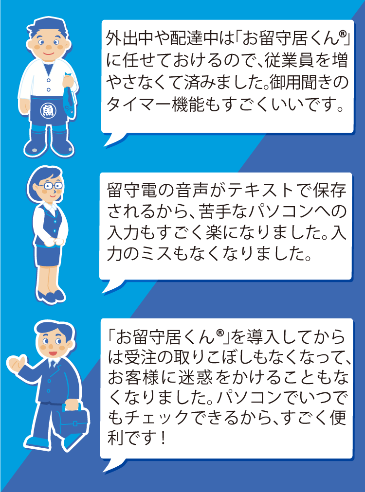 １．外出中や配達中は「お留守居くん」に任せておけるので、従業員を増やさなくても済みました。御用聞きのタイマー機能もすごくいいです。２．留守電の音声がテキストで保存されるから、苦手なパソコンへの入力もすごく楽になりました。入力のミスもなくなりました。３．「お留守居くん」を導入してからは受注の取りこぼしもなくなって、お客様に迷惑をかけることもなくなりました。パソコンでいつでもチェックできるから、すごく便利です!